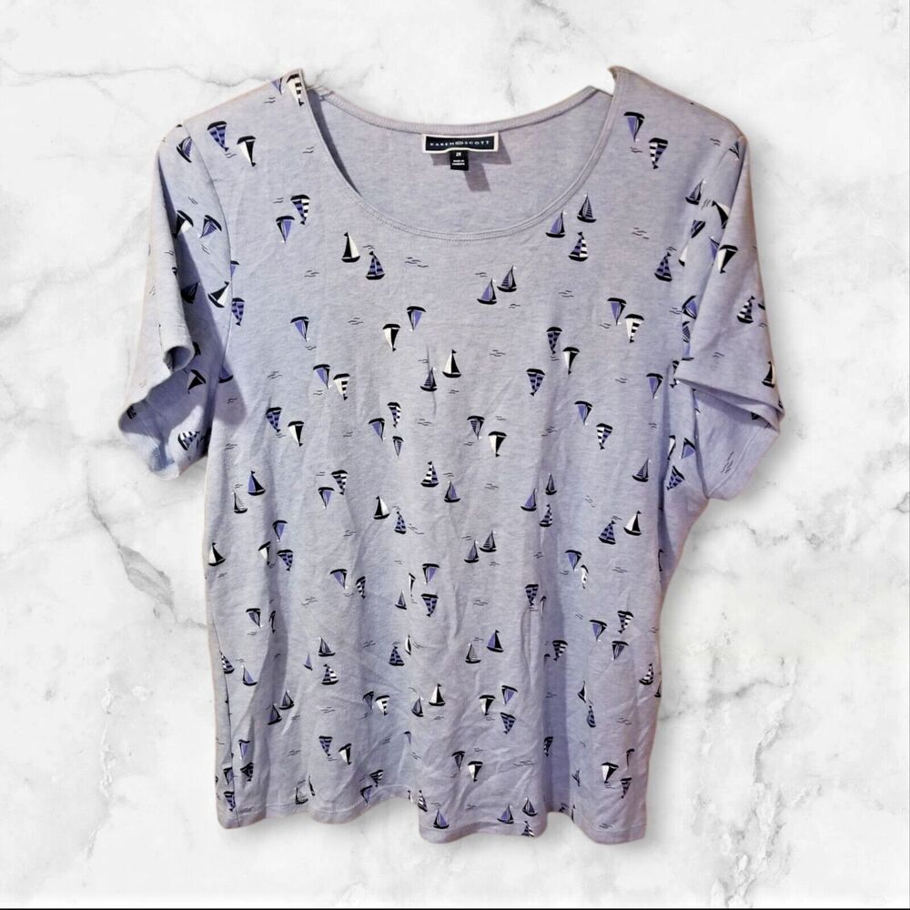 Karen Scott Women's Tee Style Top Gray Sailboat Pattern Short Sleeve Size 2X